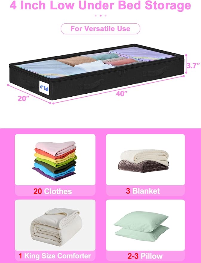 punemi Under Bed Storage Containers, Below 4 Inches Tall Low Profile Foldable Under Bed Storage,No Structure, Soft Fabric Blanket Storage and Clothing Storage with Zipper, 2 Pack, 20x40x3.7in, Black