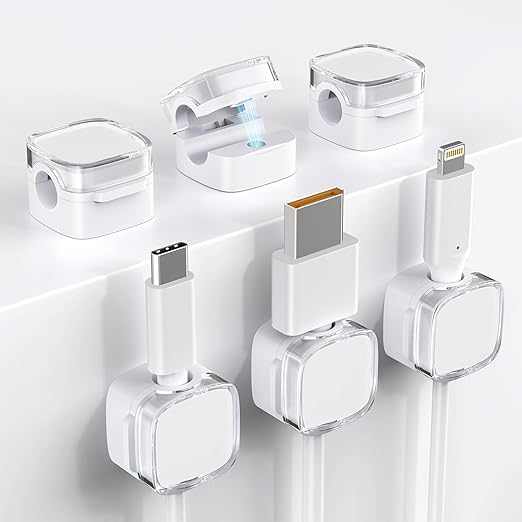 Cord Holder, 6 Pack Magnetic Cable Clips, Strong Adhesive Cord Holder for Nightstand Desk Organizer Kitchen Appliances Car Wall Office Phone Wire Keeper, Clear White