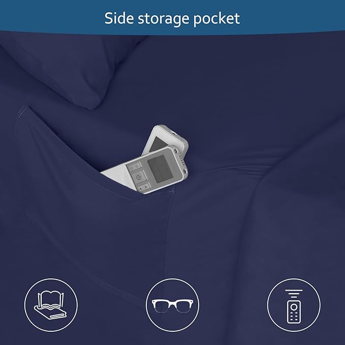 California King Sheet Sets for Air Mattress - Extra Deep Pocket Cal King Sheet Set - 3Pcs Side Storage Pocket Fitted Sheet & Pillowcases Easily Fits 16in to 24in Pillow Top Bed Mattress - Navy Blue