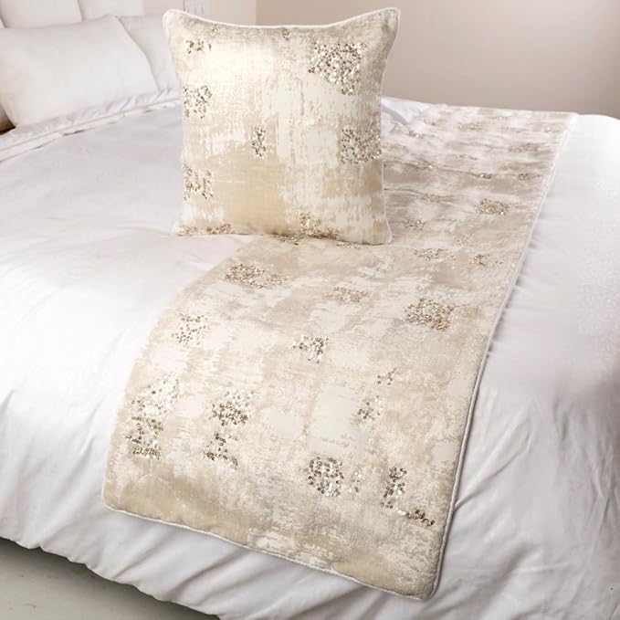 The HomeCentric Ivory Bed Runner, Full Size 68"x18" Decorative Bed Runner with Matching Pillow Cover, Ivory Velvet Bed Scarf in Foil Velvet with Sequin - Creative Grudge