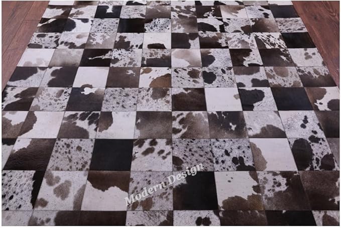 Modern Design Premium Cowhide Leather Carpet with Chevron Pattern, Area Rug (D.Brown/White, 8x10)