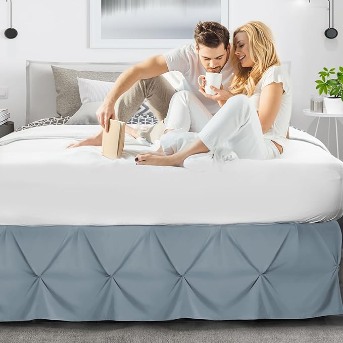 Nestl Stone Blue Bed Skirt Queen Size, Pinch Pleat Queen Bed Skirt, 14" Inch Drop Queen Bedskirt, Hotel Quality Stone Blue Bed Skirts, Microfiber Bedskirt for Queen Bed, Stone Blue Queen Bed Skirt