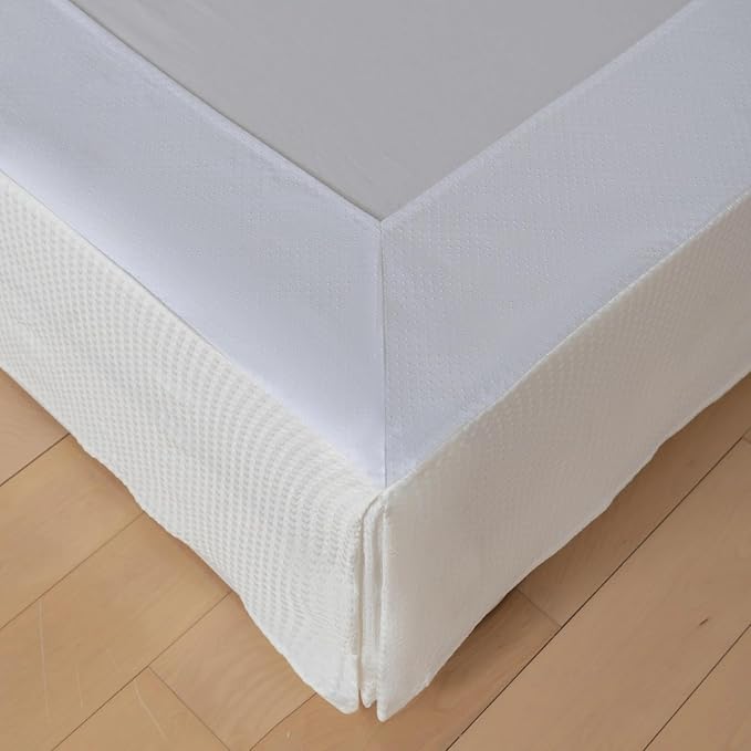 King Bed Skirt, Wrap Around Bed Skirt with Pleated Corner, 16 Inch Drop Pleated Waffle Weave Bedskirts, Anti-Slip, Microfiber, Ivory, 16'' King
