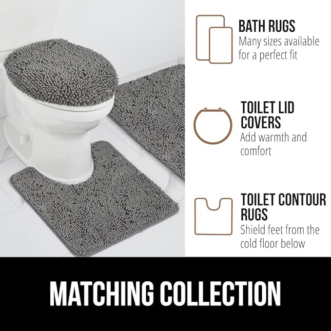 GORILLA GRIP Plush Absorbent Shaggy Chenille Bath Rug Mat for Oval Toilet Base with Rubber Backing, Machine Washable Rugs, Soft Microfiber Contour Mats for Toilets, Bathroom Decor, Grey