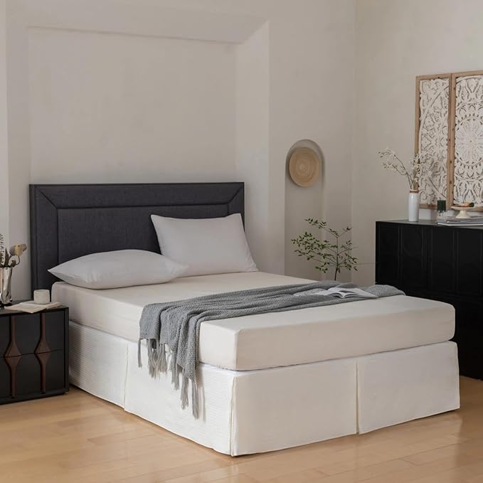 King Bed Skirt, Wrap Around Bed Skirt with Pleated Corner, 16 Inch Drop Pleated Waffle Weave Bedskirts, Anti-Slip, Microfiber, Ivory, 16'' King