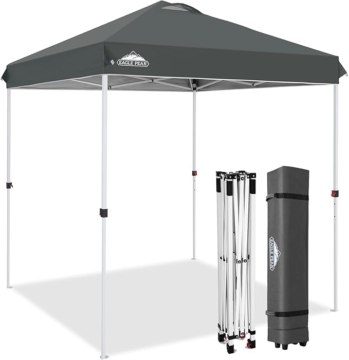 EAGLE PEAK Pop Up Canopy Tent with Wheeled Carry Bag, 8 Stakes, 4 Ropes, Easy Set Up Tent Canopy, 6.6x6.6 ft, Gray