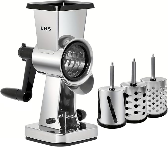 LHS Stainless Steel Rotary Cheese Grater with 3 Interchangeable Drum Blades