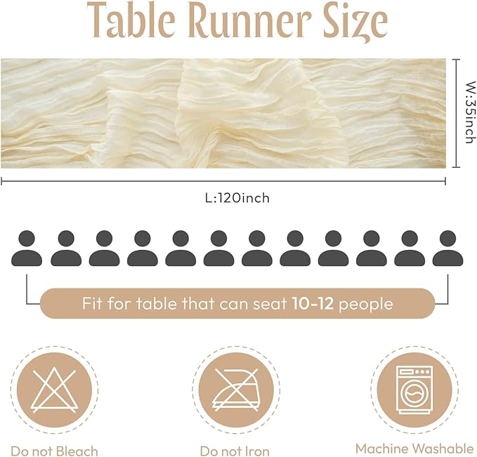 Sioloc 5 Pack Beige Cheesecloth Table Runner 120'' x 35'',Spring Easter Decor Soft Gauze Boho Wedding Table Decor for 10ft Table Birthday Party,Baby Shower, Bridal Shower, Home & Event Decor
