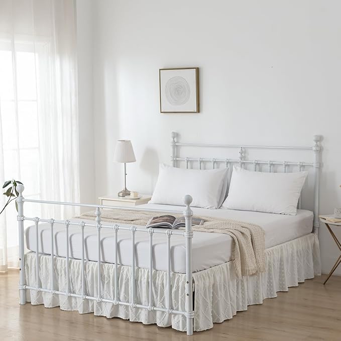 Bed Skirt Full Size Ruffled Bed Skirt with Split Corners, 14 Inch Drop Dust Ruffle Bed Skirts with Platform, Boho Tufted Shabby Chic Full Size Bed Skirts, Ivory