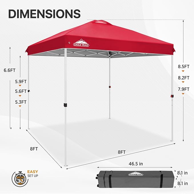 EAGLE PEAK Pop Up Canopy Tent with Wheeled Carry Bag, 8 Stakes, 4 Ropes, Easy Set Up Tent Canopy, 8x8 ft, Red