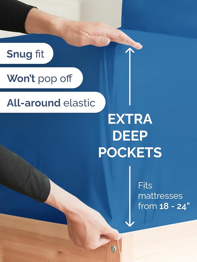 Extra Deep Full Fitted Sheet - Hotel Luxury Single Fitted Sheet Only - Easily Fits 18 inch to 24 inch Mattress - Ultra Soft, Wrinkle & Fade Free w/Extra Deep Pockets - Breathable & Comfy - Royal Blue