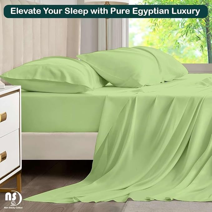 NON Sticky cotton Queen Size Sleeper Sofa Sheets, 4 Piece Egyptian Cotton Bed Sheet Set for Sofa Bed, 10" Deep Pocket for Pull Out Couch Mattress, 60" x 75", Sage Solid, Soft & Breathable