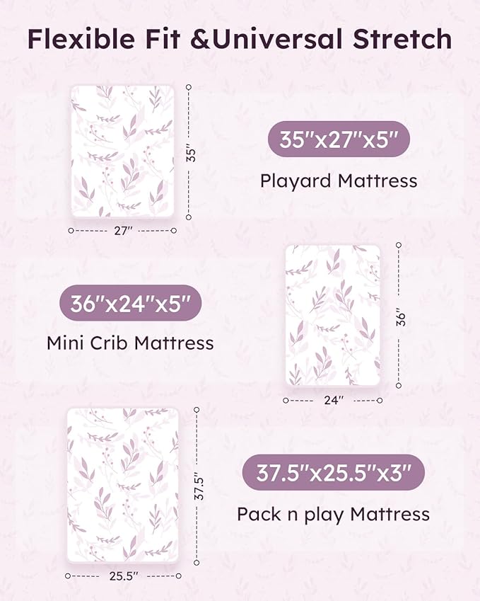 Pack and Play Sheets Fitted 3 Pack, Mini Crib Sheets for Pack N Play Mattress Stretchy Portable Playard Sheets, Soft Breathable Purple Leaf