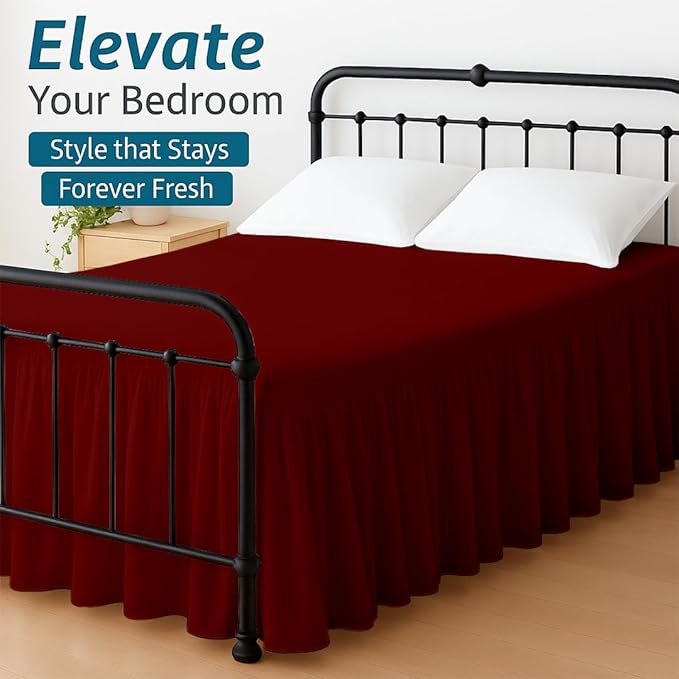Shreem Linen Ruffled Bed Skirt with Split Corners, Gathered Style, 100% Microfiber, 8-Inch Drop, Dust Ruffle Bedskirt with Platform, King, Burgundy