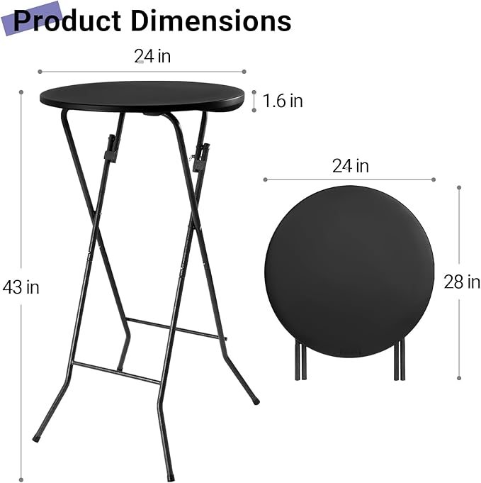 Byliable 24in Round Cocktail Table, Bar Height High Top Foldable Bistro Table with Removable Legs, Portable Plastic Indoor Outdoor for Patio, Party, Backyard, Events, Black