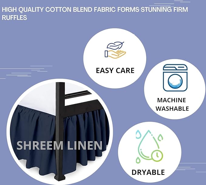 Shreem Linen Ruffled Bed Skirt with Split Corners, Gathered Style, 100% Microfiber, 28-Inch Drop, Dust Ruffle Bedskirt with Platform, Full-XXL, Navy Blue