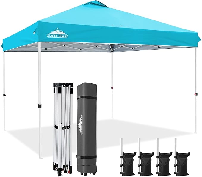 EAGLE PEAK Pop Up Canopy Tent with Wheeled Carry Bag, 8 Stakes, 4 Ropes, 4 Weight Bags, Easy Set Up Tent Canopy, 12x12 ft, 144sqft of Shade, Light Blue