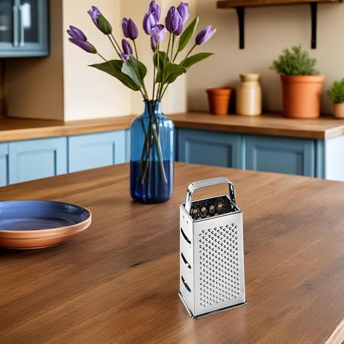 Ciieeo Multifunctional 4-Sides Box Grater Stainless Steel Kitchen Gadget for Cheese Vegetable Fruit Grating and Slicing with Comfortable Grip Compact 9.64X4.17X3.14 Inch