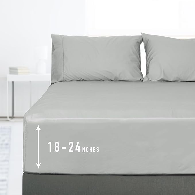 Sunflower Queen Fitted Sheet, 1-Piece Extra Deep Pocket Fitted Bottom Sheet 22", 100% Cotton Sateen Soft Breathable, Silver Gray