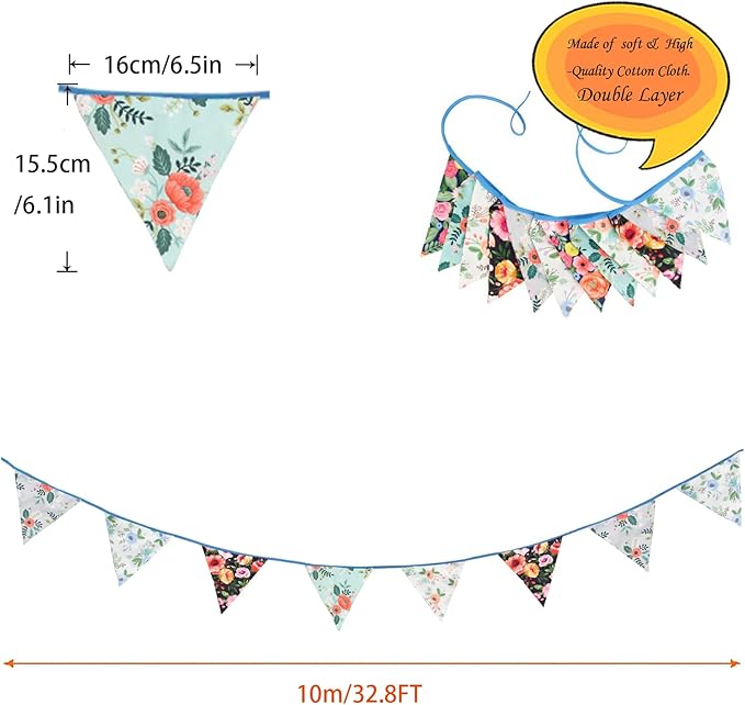 Zwiebeco 32Ft Vintage Floral Fabric Bunting Triangle Flags Cotton Retro Flowers Pennant Banner Party Decorations for Birthday Wedding Engagement Baby Shower Spring Rustic Village Home Garden Decor