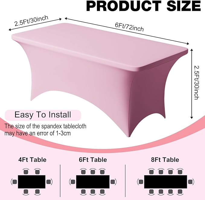 Trlyc 1 Pack 6FT Spandex Table Cloth - 72 x 30 Inch Rectangular Stretch Tablecloth, Wrinkle Resistant Scretch Table Cover for Wedding, Party, Banquet, Picnic, Outdoor Decoration (1Pcs,Pink)