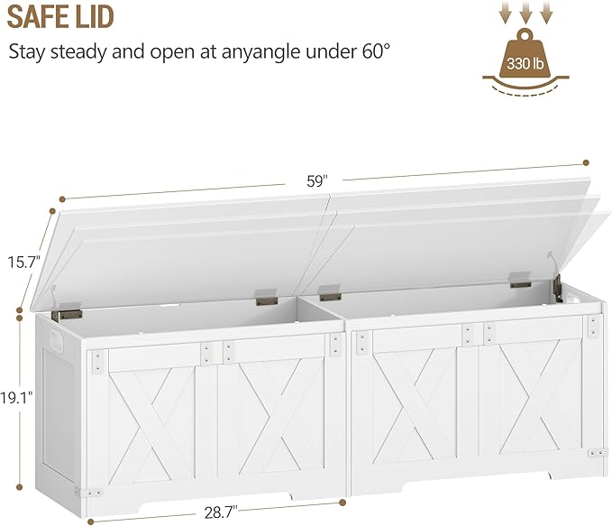 Hzuaneri 59" Storage Chest, Large Storage Trunk with 2 Hinges, Farmhouse Wooden Box Bench, Lift-Top Organizer Chest, Entryway Trunk for Bedroom, Living Room, White SB15003X