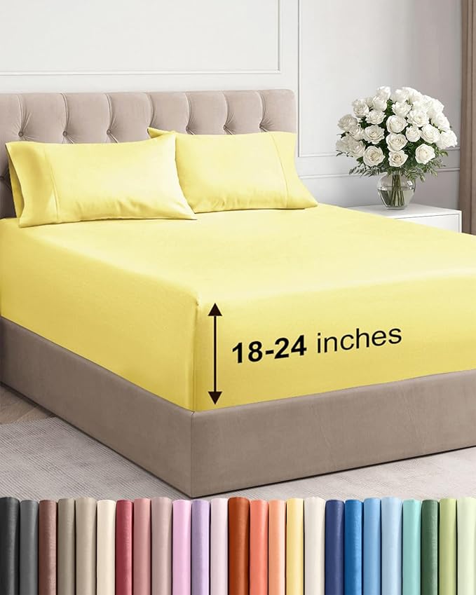 Extra Deep Pocket Queen Sheet Set - 4 Piece Breathable & Cooling Bed Sheets - Hotel Luxury Sheet Set - Ultra Soft, Wrinkle Free & Comfy - Easily Fits Extra Deep Mattresses - Deep Pocket Yellow Sheets