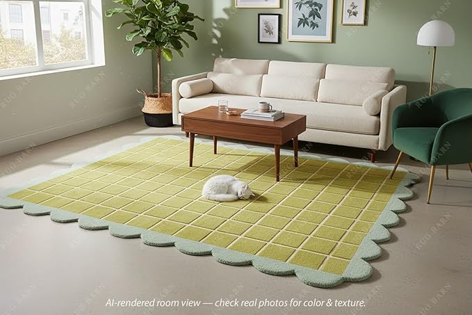 Checkered Wool Area Rug with Scalloped Border, Chartreuse Green & Cream Grid, Hand-Tufted, Soft Cut Pile, Modern Cottagecore Living Room, Bedroom & Nursery Carpet - 3x5 Ft