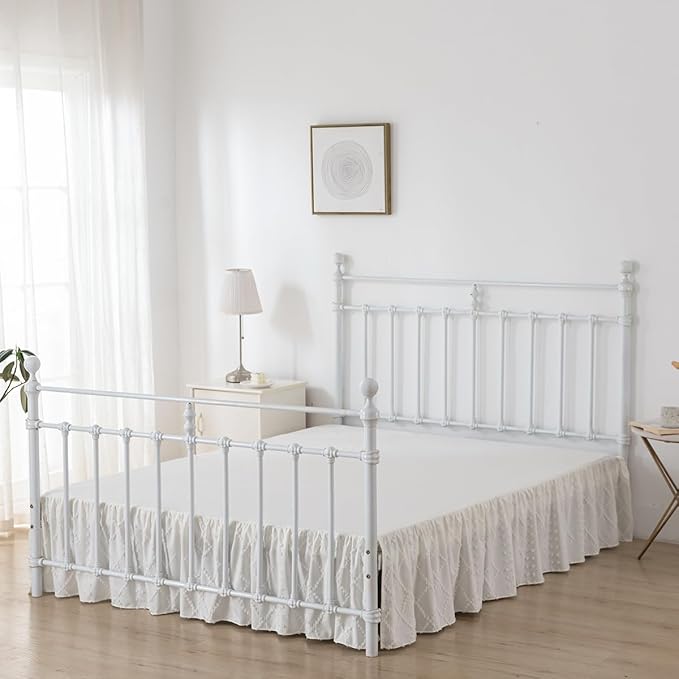 Bed Skirt King Size Ruffled Bed Skirt with Split Corners, 12 Inch Drop Dust Ruffle Bed Skirts with Platform, Boho Tufted Shabby Chic King Size Bed Skirts, Ivory