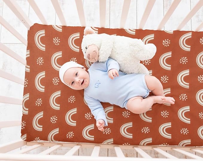 4 Pack Crib Sheets Boho Nursery Sheets Sunshine and Rainbow Desdign Neutral Unisex Fitted Baby Standard Crib Sheets for Baby Boys or Girls (Crib Sheets)