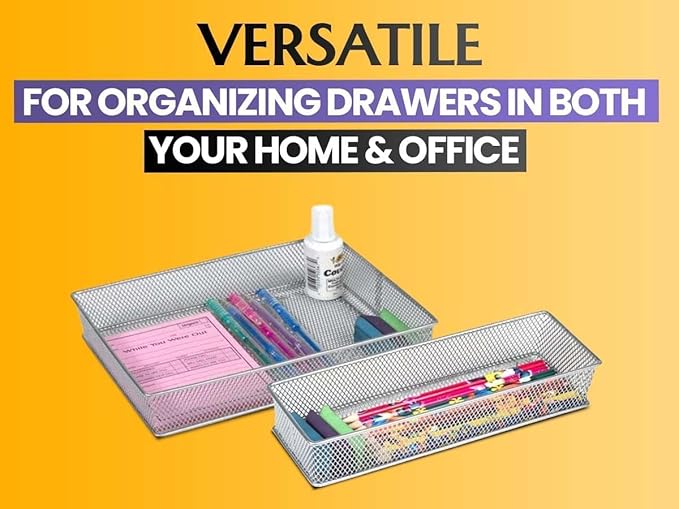 YBM HOME Silver Mesh Drawer Cabinet and or Shelf Organizer Bins, School Supply Holder Office Desktop Organizer Basket (12, 6x15x2 Inch)