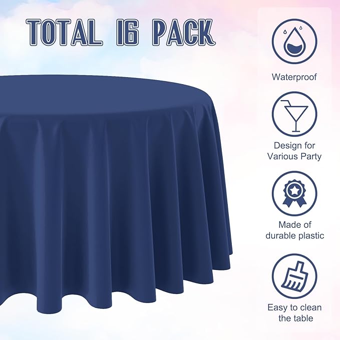 16 Pack Navy Blue Plastic Tablecloth for Round Tables, Premium Decorative Navy Blue Disposable Table Cloths for Parties, Navy Round Party Table Cover for Birthday Wedding Banquet Event, 84 Inch
