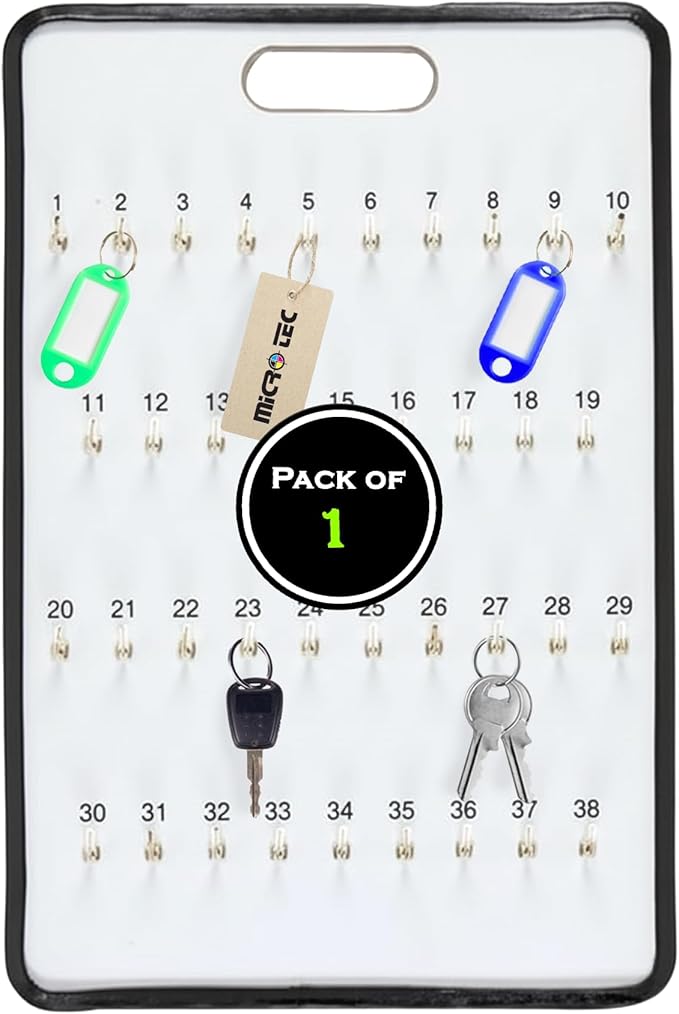 MICRO TEC Masonite Key Holder Wall Mount with 38 Spring Lock Hooks, 16" x 23-1/2" Heavy Duty Wall Mounted Key Organizer Board for Dealership, Office, Garage & Fleet Key Management - Pack of 1