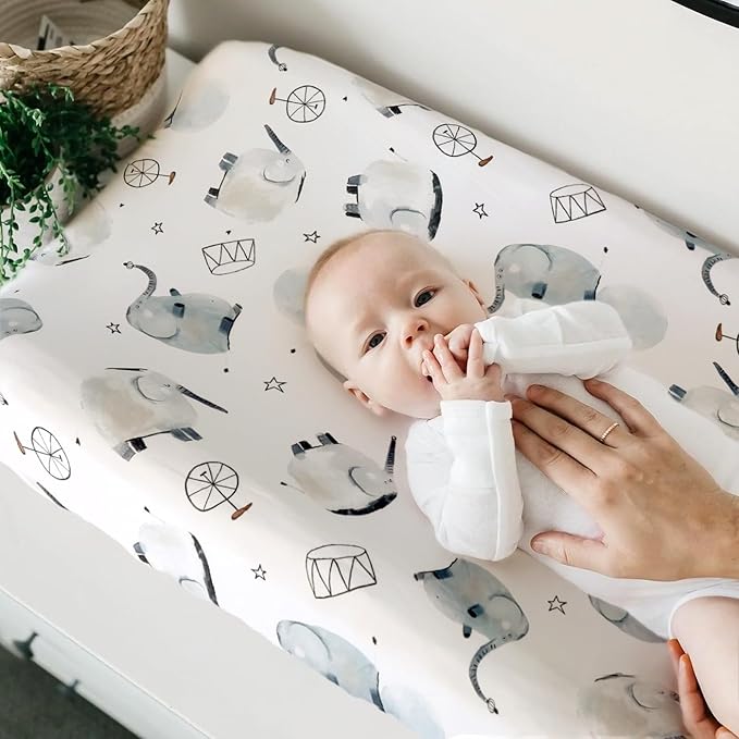 GRSSDER Stretch Ultra Soft Jersey Knit Changing Pad Cover Set 2 Pack, Change Table Pad Covers Fit 32"/34" x 16" Pads Safe and Snug, Cute Diaper Changing Pad Covers of Elephant Print