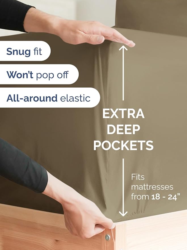 Extra Deep King Fitted Sheet - Hotel Luxury Single Fitted Sheet Only - Easily Fits 18 inch to 24 inch Mattress - Ultra Soft, Wrinkle Free w/Extra Deep Pockets - Easy-Care, Breathable & Comfy - Khaki