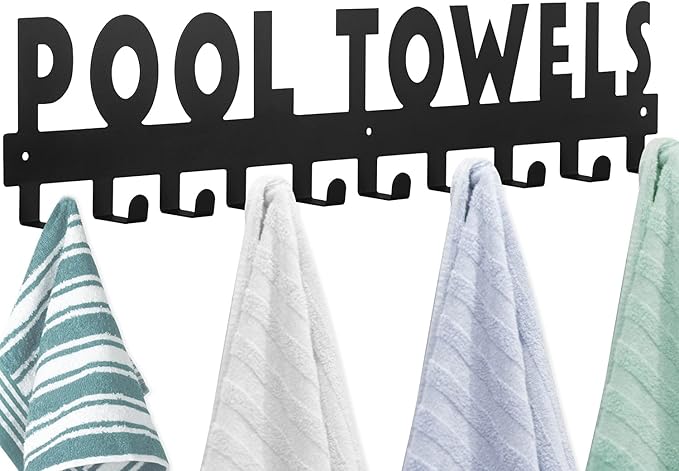 Pool Towel Rack Large Size 10 Hooks for Bathroom Wall Mount Towel Hooks Towel Holder Carbon Steel Hanger Organizer Indoor Outdoor for Robe, Towel, Coat, Swimsuit, Umbrella, Bag, Keys(Black