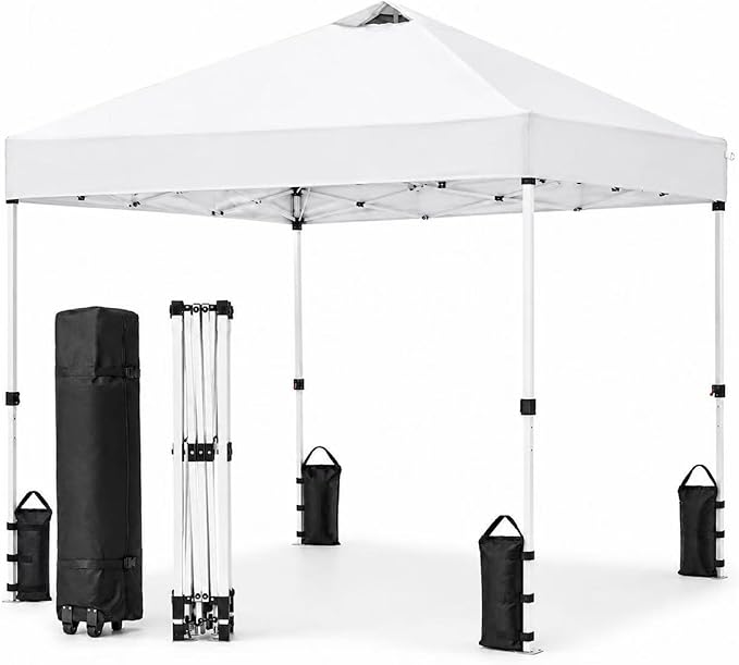 10x10 Pop Up Canopy Tent, Waterproof UV Blocking Heavy Duty Steel Frame with Wheeled Bag & Sandbags, One-Person Setup, Ideal for Outdoor Beach, Party, Camping, Backyard, Tailgate Events (White)