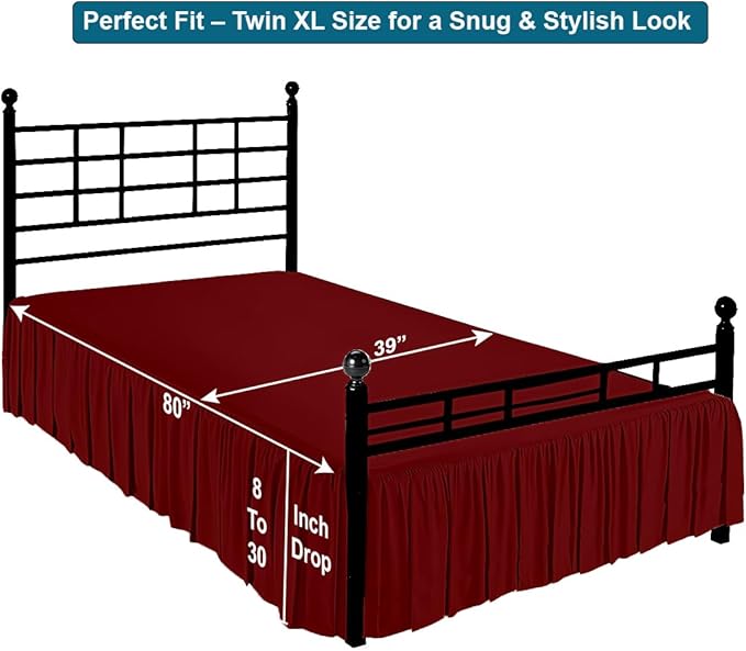 Shreem Linen Ruffled Bed Skirt with Split Corners, Gathered Style, 100% Microfiber, 24-Inch Drop, Dust Ruffle Bedskirt with Platform, Twin-XL, Burgundy