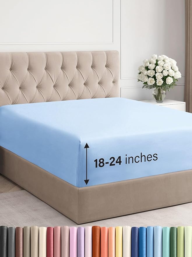Extra Deep Cal King Fitted Sheet - Hotel Luxury Single Fitted Sheet Only - Easily Fits 18 inch to 24 inch Mattress - Ultra Soft, Wrinkle Free with Extra Deep Pockets - Breathable & Comfy - Light Blue