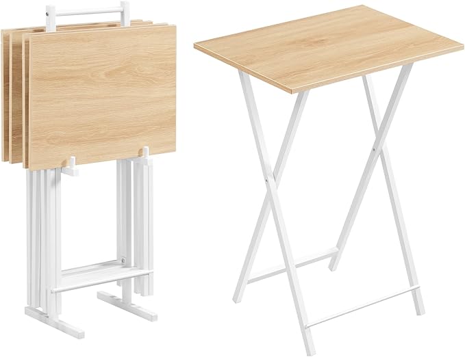 HOOBRO Folding TV Tray Tables, Set of 4 TV Trays with Storage Rack, Industrial Side Table for Eating at Couch, Foldable Snack Table for Small Space, Easy Assembly, Natural and White, WN50BZ01