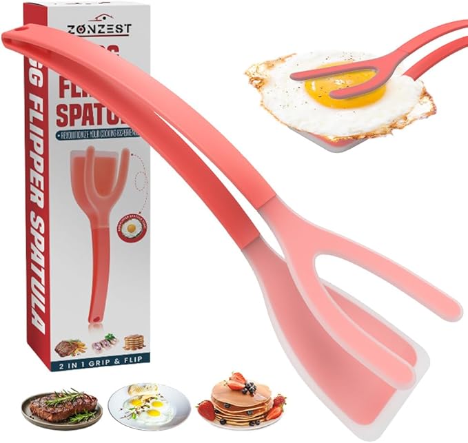 ZONZEST Silicone Egg Flipper Spatula Tongs (Set of 1) – Non-Stick 2-in-1 Grip & Flip Kitchen Tongs for Pancakes, Fish, Eggs, and More – Heat Resistant Cooking Tool (Red)