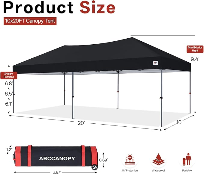 ABCCANOPY 10x20 Pop Up Canopy Tent, Easy Setup Instant Shelter with Wheeled Bag, Heavy Duty Outdoor Canopy for Beach, Market, Backyard, UV Protection, Outdoor Weather Protection (Black, 10x20)