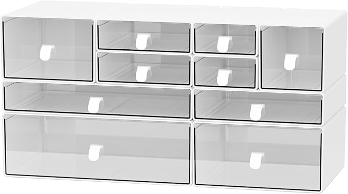 ‌Yashong Desk Organizer Set, White & Clear Stackable Dustproof Storage Boxes for Desktop, Office, DIY Craft & Vertical Space Saving, Perfect for Makeup, Stationery, Jewelry Organization