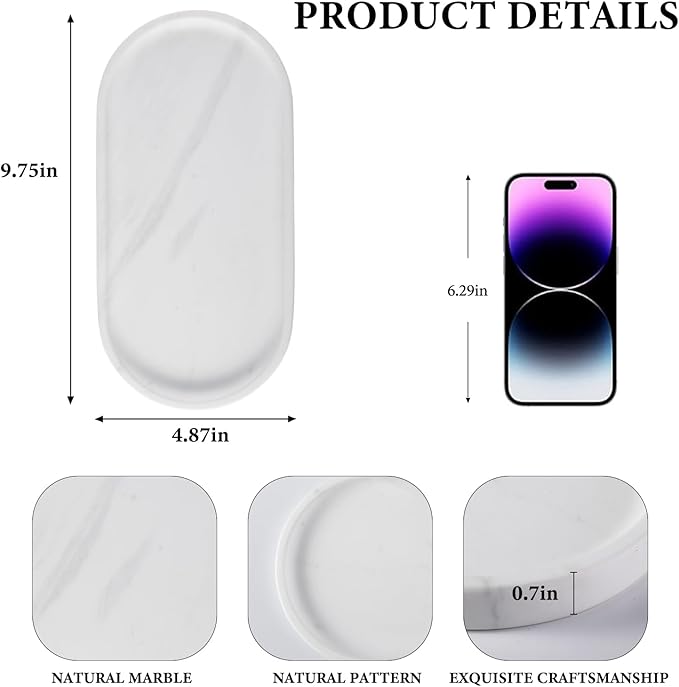 Koville White Marble Oval Tray for Bathroom Countertop, 10" x 5" Natural Marble Vanity Trays, Stone Perfume Organizer Tray for Decor, Jewelry Dish Perfume Trays for Dresser