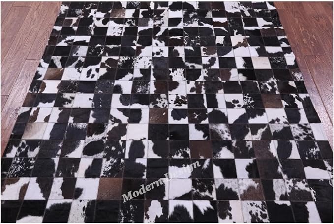 Modern Design Premium Cowhide Leather Carpet with Chevron Pattern, Area Rug (Brown/White-2, 3x5)