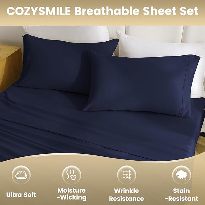 Lightweight King Sheet Set - 4 Piece Silky Soft Breathable Bed Sheet & Pillowcase Set, 16" Deep Pocket Hotel Luxury Wrinkle Free Easy Care Bedding Sheets, Dark Blue