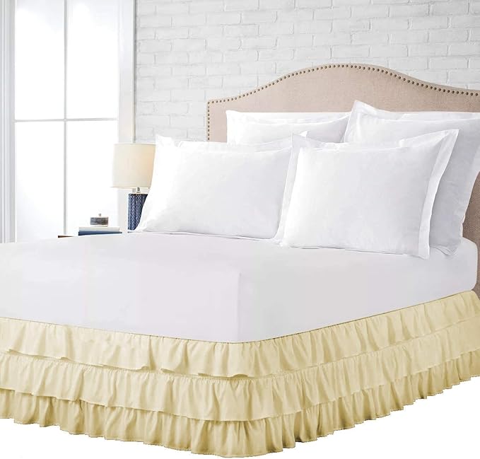 Multi-Ruffle Bed Skirt, Soft Multi Elastic Dust Ruffles with Wrap Around Bed Skirt Easy Fit with 18 Inch Drop 100% Cotton 800 Thread Count (Full XXL, Ivory)