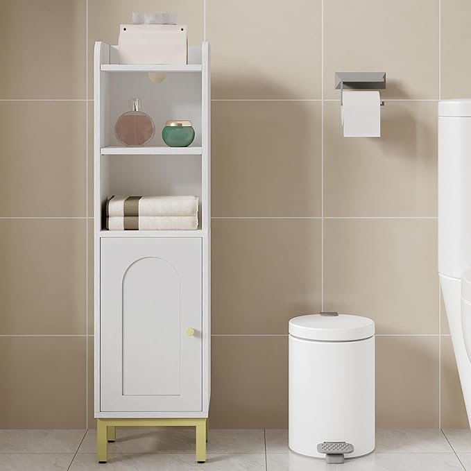 Hzuaneri Bathroom Storage Cabinet, Small Corner Floor Cabinet with Door and Shelves, Narrow Toilet Paper Holder, Bathroom Organizer with Adjustable Shelf, for Small Spaces, White BC38213G