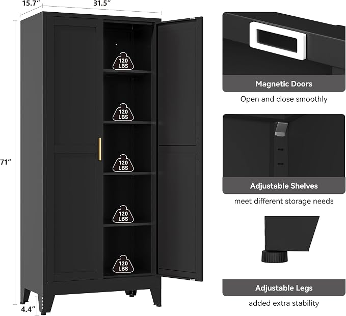 YAUWOH 71''Metal Cabinet with 4 Adjustable Shelves, 5-Tier Pantry Storage