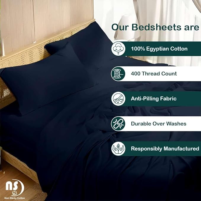 NON Sticky cotton Twin Size Sleeper Sofa Sheets, 4 Piece Egyptian Cotton Bed Sheet Set for Sofa Bed, 6" Deep Pocket Fitted Sheet for Pull Out Couch Mattress, 39" x 75", Navy Blue Solid